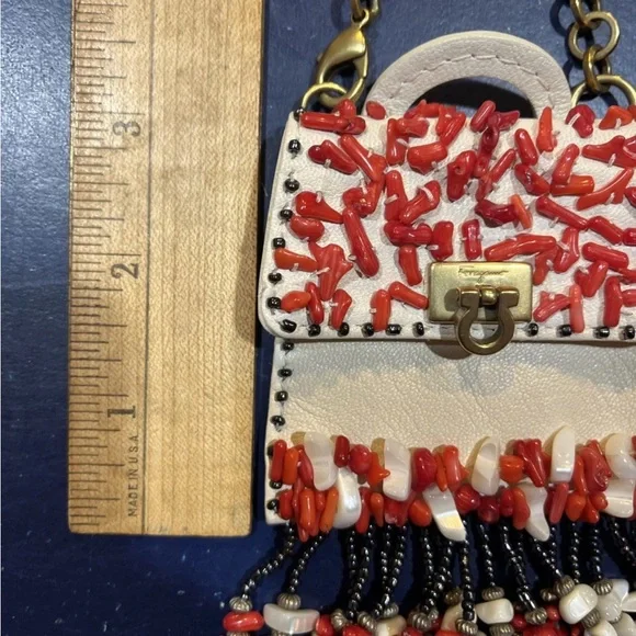 SALVATORE FERRAGAMO Vintage Coral Bead & White Leather Coin Purse +Chain RARE - Picture 11 of 13